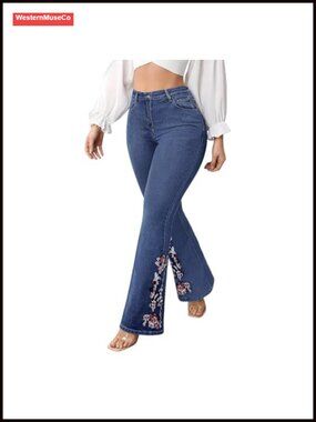 Plus Size Flare Jeans High Rise Floral Embroidery Bootcut Denim